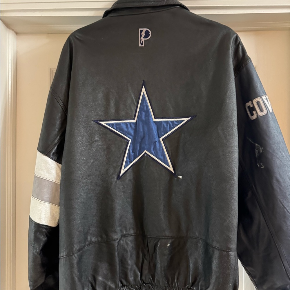 Cowboys Men's Black Leather Jacket with Blue Star Design